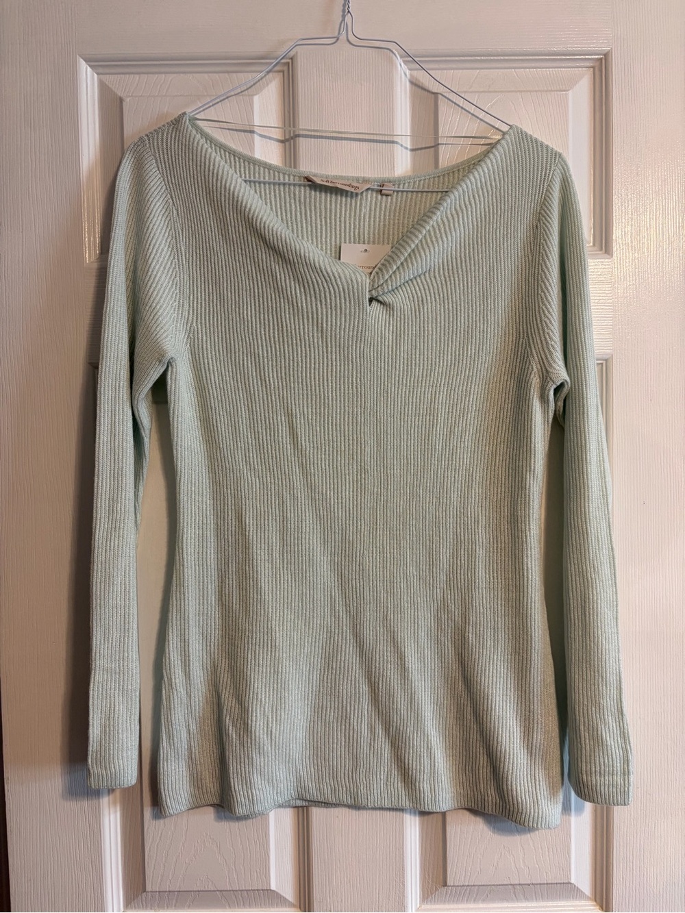 Soft Surroundings NWT Wool Cashmere Blend Ribbed Top Medium Sage Green V-Neck